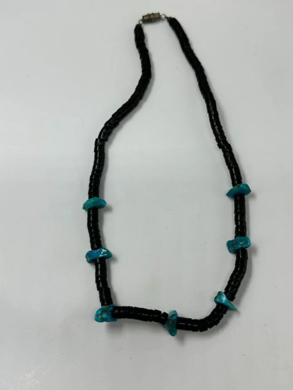 Vintage Turquoise Nugget Beaded Necklace Men Black Heishi Beads Barrel Clasp